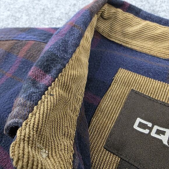 CQR Flannel Shirt Mens Large Blue Brown Plaid Long Sleeve Corduroy Collar Pocket - Picture 12 of 16